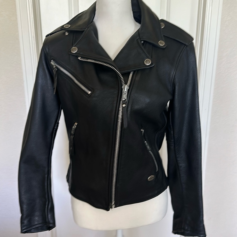 Classic women’s leather Harley jacket.